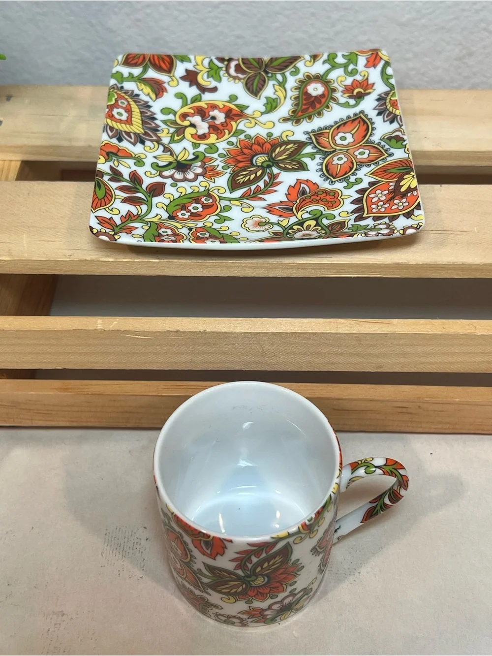 ☀️2/$20 Brightly Colored Floral Demitasse Espresso Cup & Square Saucer Set | EUC
